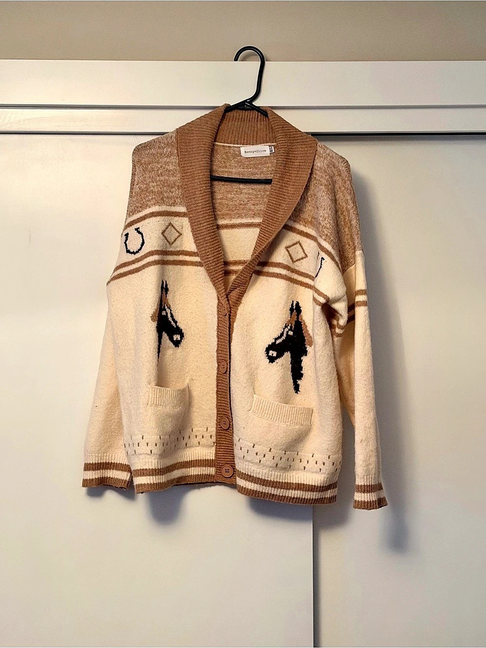 Benny+Olive Horse Motif Cardigan in Cream & Brown M/L Like New
